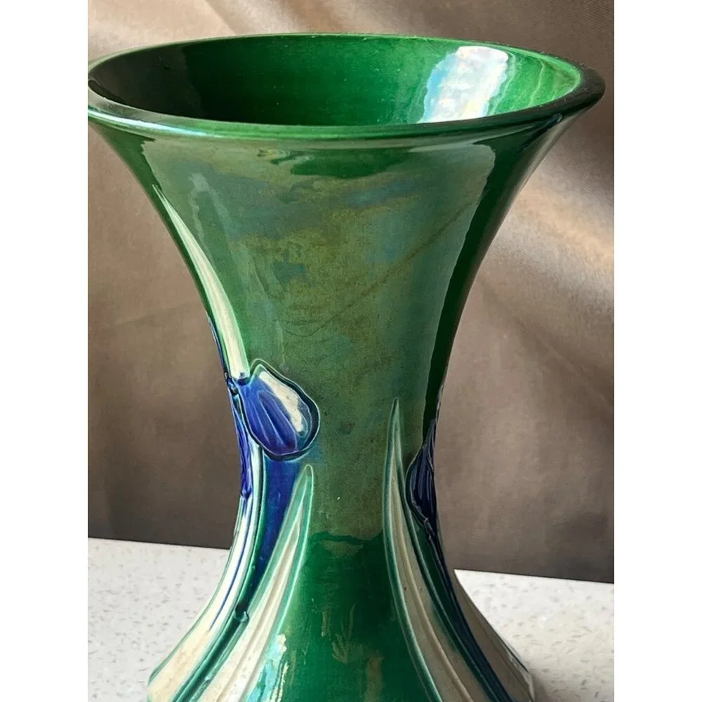 Awaji Green Ceramic Vase With Blue Iris Motif 6